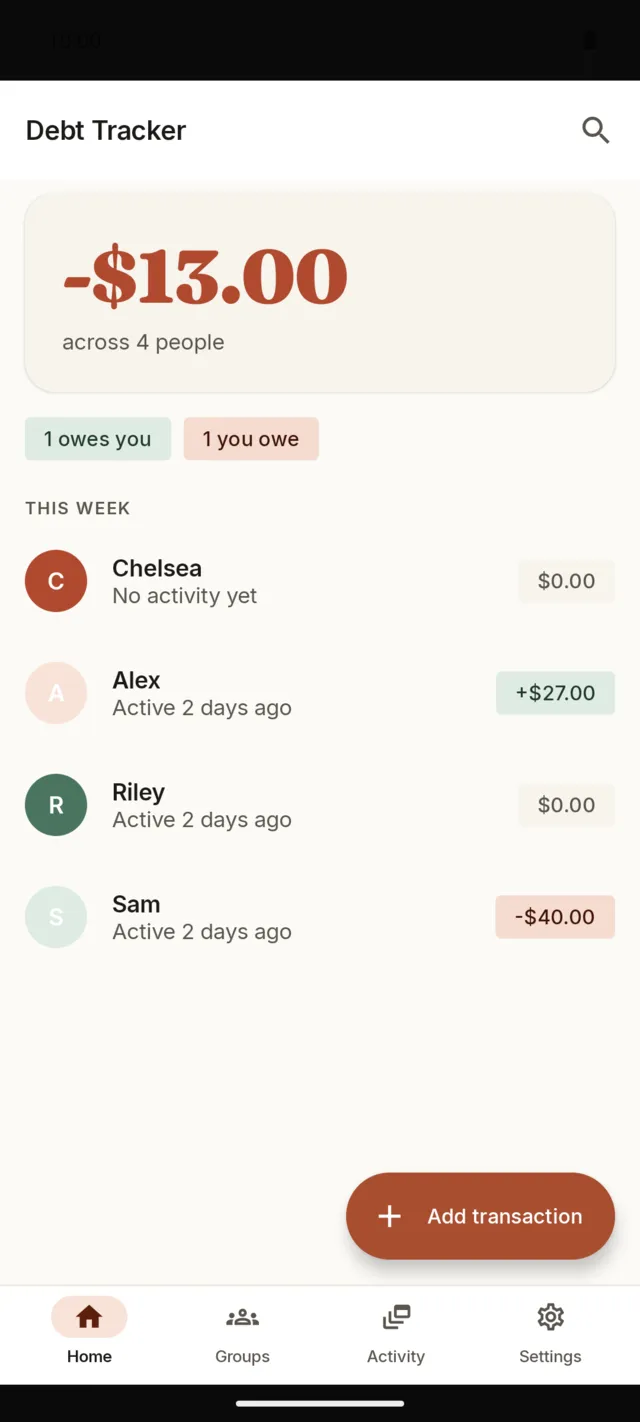 The Debt Tracker home screen showing balances with each person