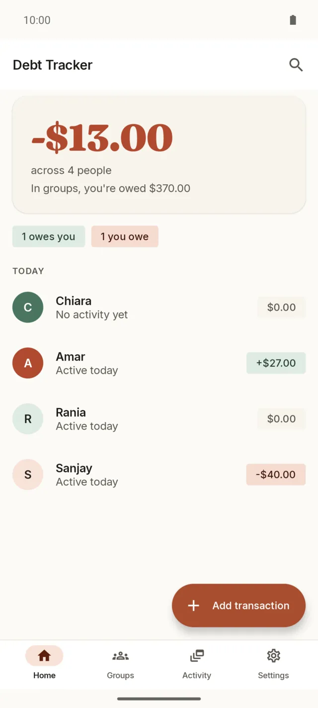 The Debt Tracker home screen showing balances with each person