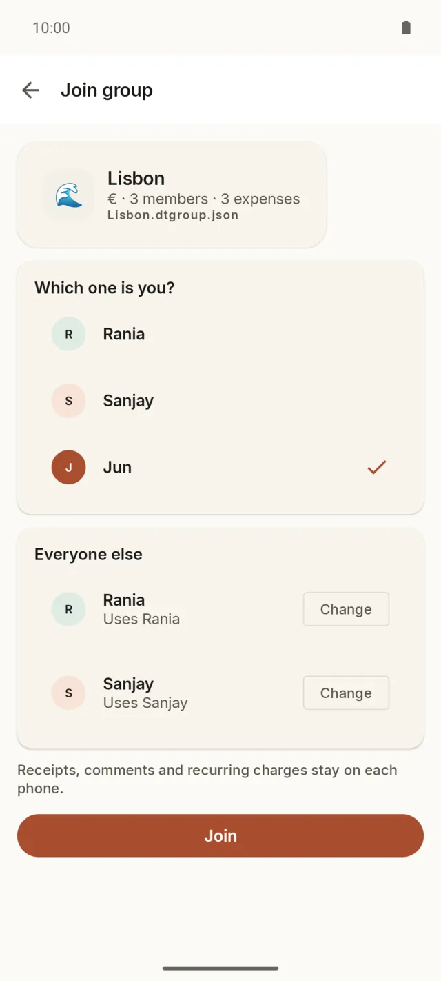 Joining a shared group: pick which member is you, and the others match people already on the phone