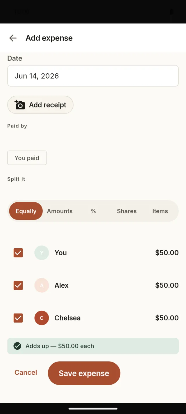 Adding a transaction and splitting it five ways