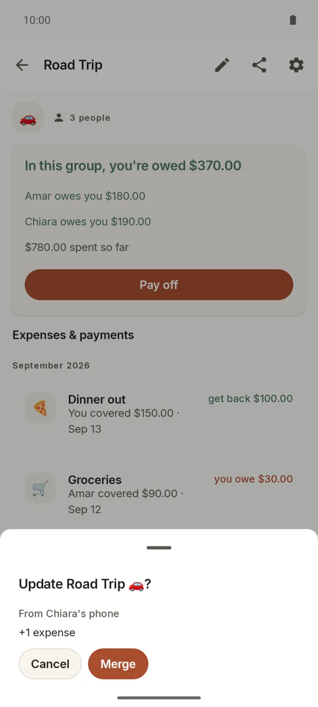 The update sheet for a shared group: one new expense from another member's phone, with Merge and Cancel